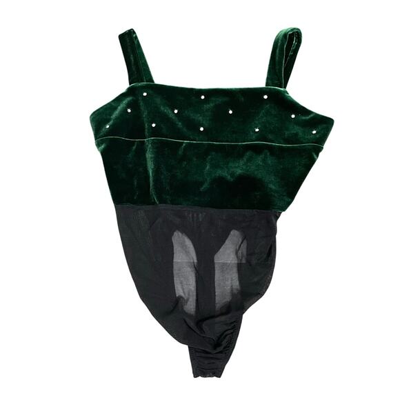 Geneva Vintage Tank Bodysuit Dark Green Velvet Mesh Thong Rhinestone Women's S - Picture 1 of 8